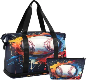 Baseball Sports Gym Bag with Waterproof Dry Wet Pocket, Travel Duffel Bag for Women MenWorkout Bag Fits Yoga, Swimming