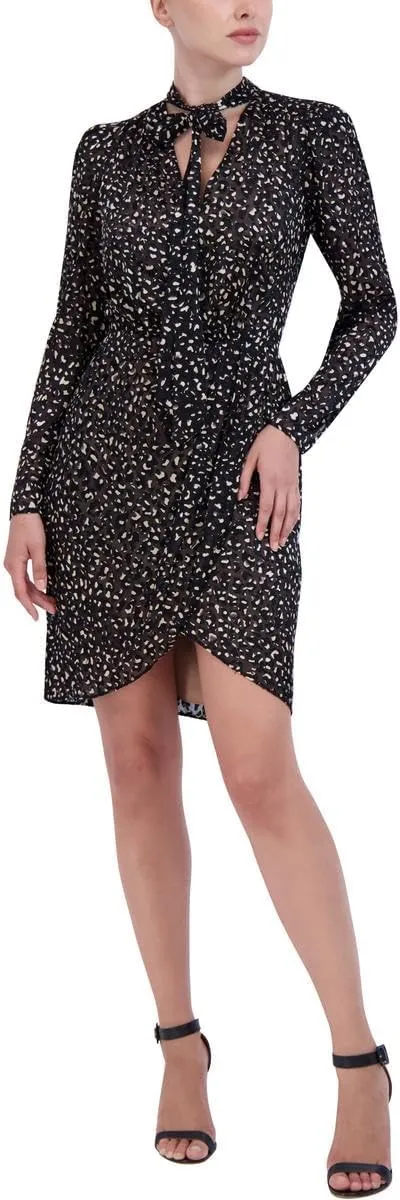 BCBGMAXAZRIA Women's Mini Cocktail Fit and Flare Long Sleeve V Neck Tie Shirred Tulip Skirt Dresses