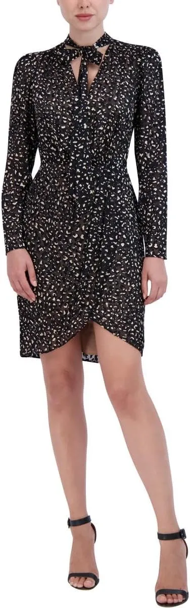 BCBGMAXAZRIA Women's Mini Cocktail Fit and Flare Long Sleeve V Neck Tie Shirred Tulip Skirt Dresses