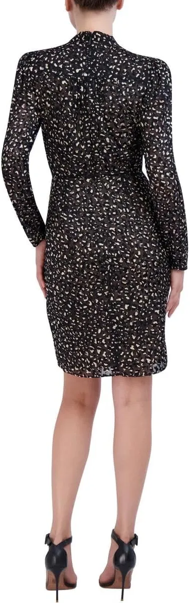 BCBGMAXAZRIA Women's Mini Cocktail Fit and Flare Long Sleeve V Neck Tie Shirred Tulip Skirt Dresses