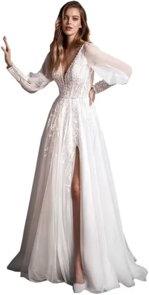 Beach Boho Wedding Dresses for Bride 2025 Sexy V Neck Bridal Dress for Women Lace Appliqued Long Ball Gown with Train