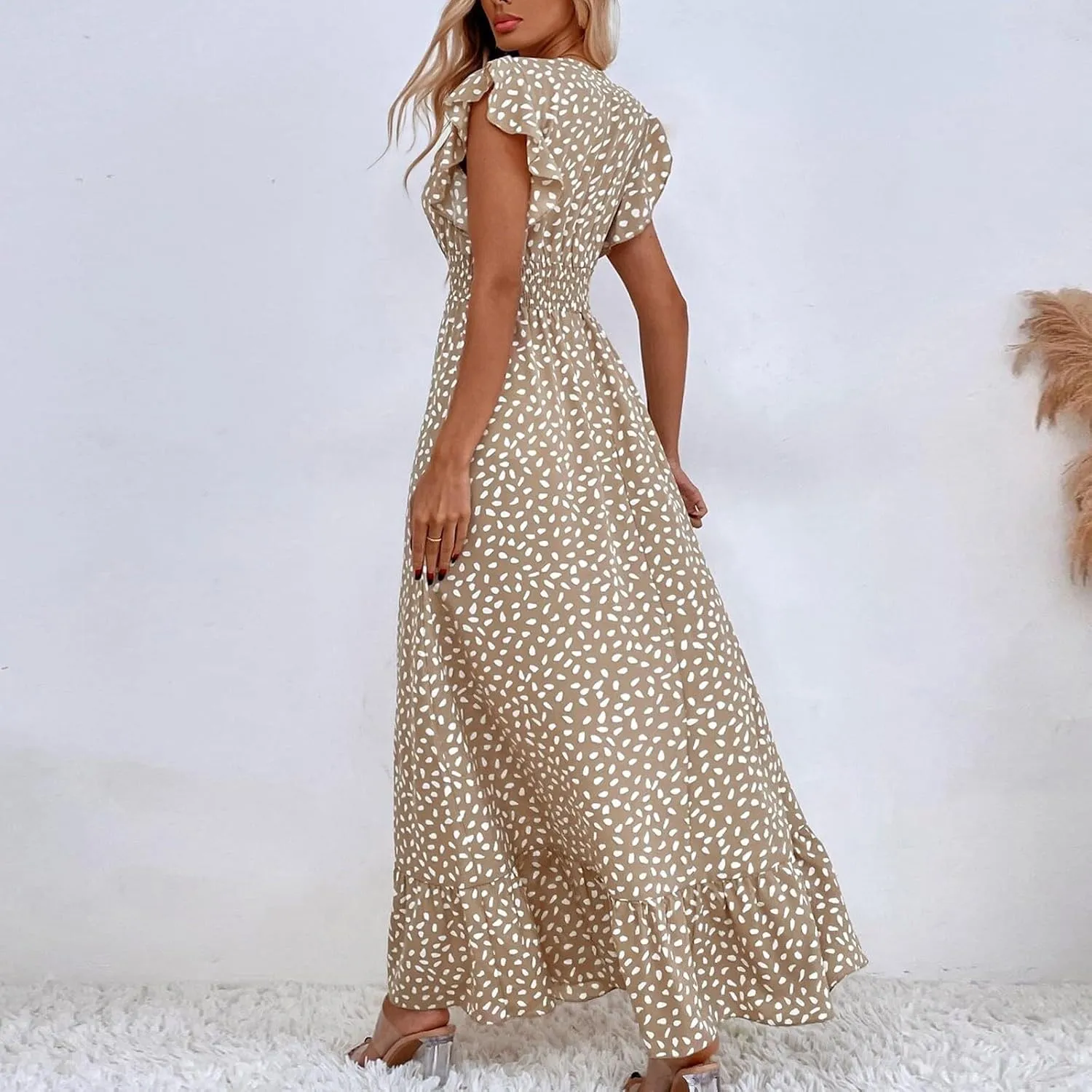 Beach Dresses for Women,2025 Spring Summer Trendy Floral Maxi Dress,Elegant V Neck Ruffle Flowy Ruched Boho Dress