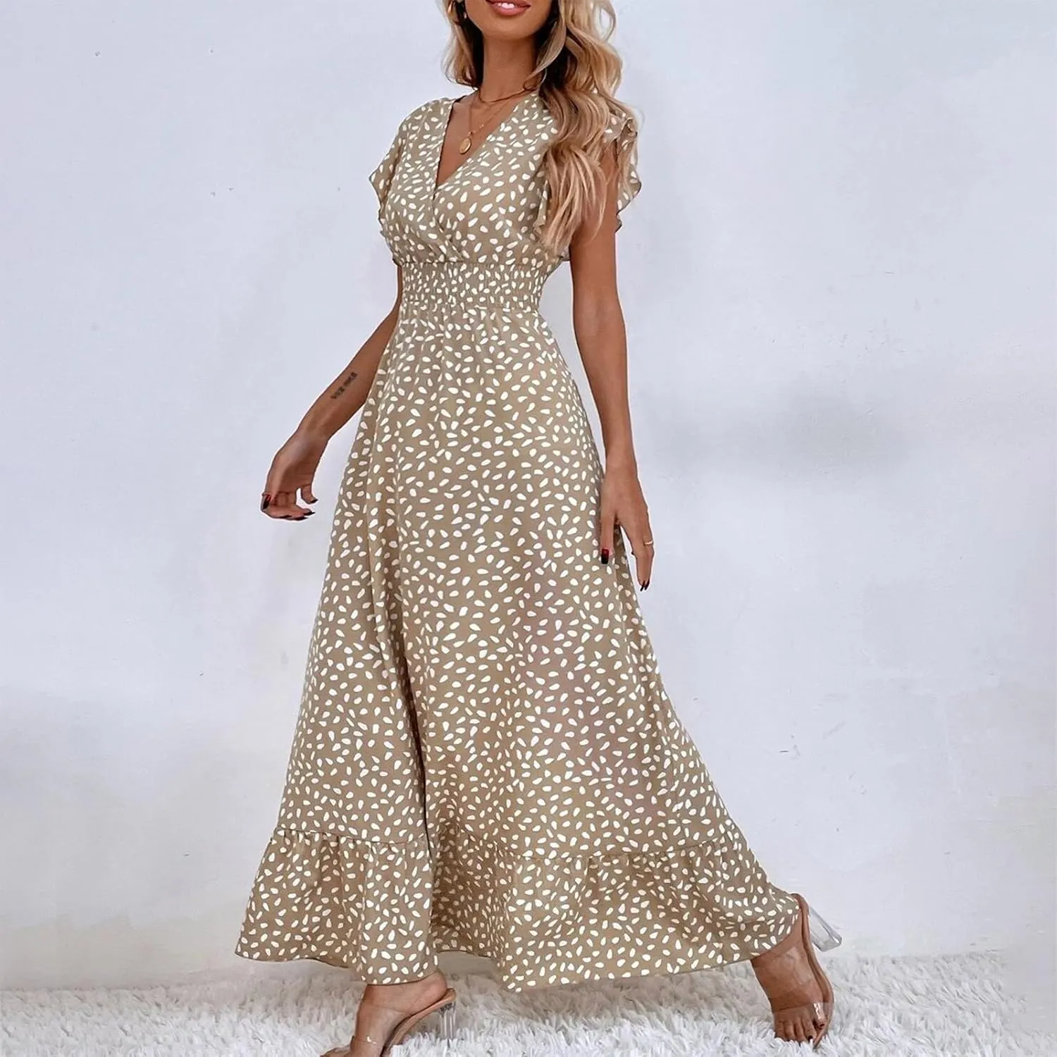 Beach Dresses for Women,2025 Spring Summer Trendy Floral Maxi Dress,Elegant V Neck Ruffle Flowy Ruched Boho Dress