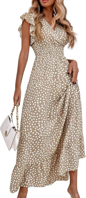 Beach Dresses for Women,2025 Spring Summer Trendy Floral Maxi Dress,Elegant V Neck Ruffle Flowy Ruched Boho Dress