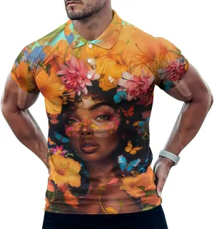 Beautiful Black Woman with Flowers Mens Polo Shirts Quick Dry Short Sleeve Golf Slim Fit T Shirt