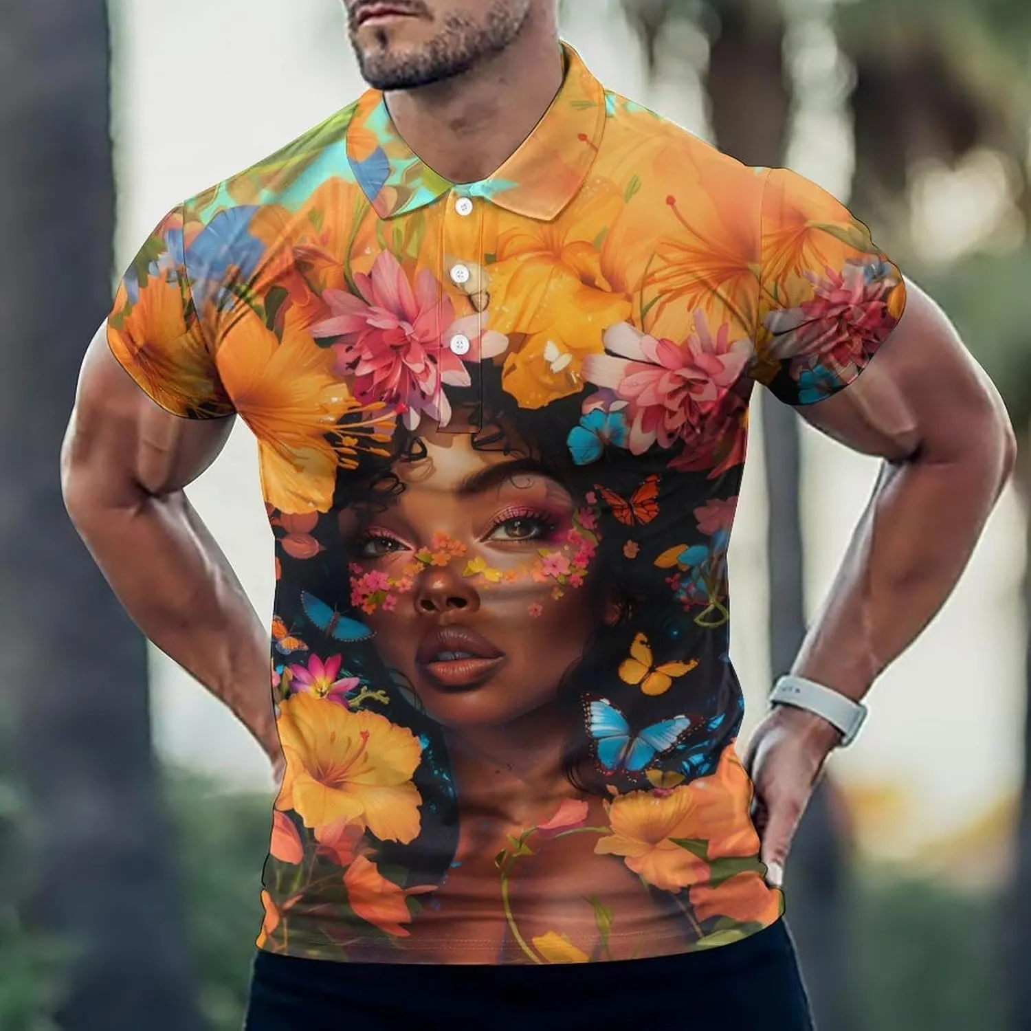 Beautiful Black Woman with Flowers Mens Polo Shirts Quick Dry Short Sleeve Golf Slim Fit T Shirt