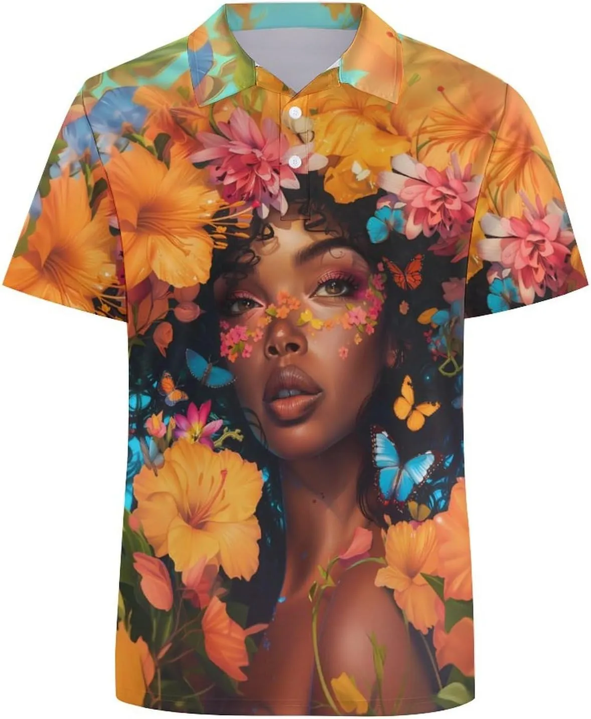 Beautiful Black Woman with Flowers Mens Polo Shirts Quick Dry Short Sleeve Golf Slim Fit T Shirt