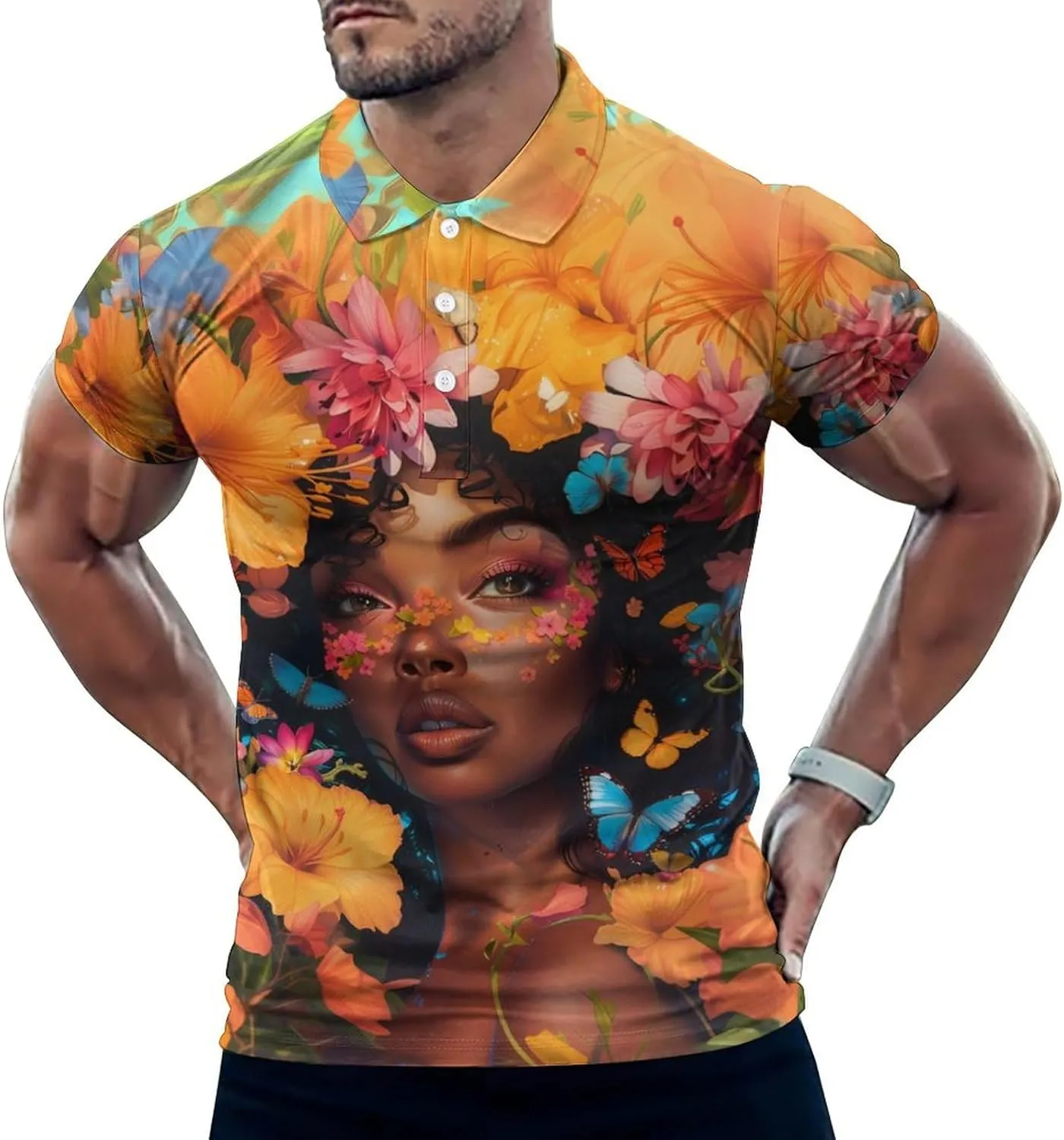 Beautiful Black Woman with Flowers Mens Polo Shirts Quick Dry Short Sleeve Golf Slim Fit T Shirt