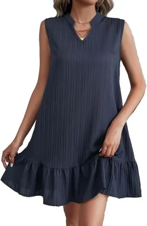 Beauty Beast Women Solid Color Sleeveless Notched Neck Sleeveless Peplem Ruffle Hem Polyester Woven Loose A-line Mini Dress Navy Blue M