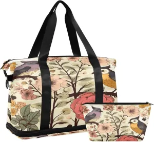 Birds Flowers Sports Gym Bag with Waterproof Dry Wet Pocket, Travel Duffel Bag for Women MenWorkout Bag Fits Yoga, Swimming