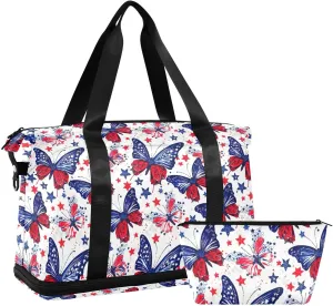 Blue and Red Butterfly Sports Gym Bag with Waterproof Dry Wet Pocket, Travel Duffel Bag for Women MenWorkout Bag Fits Yoga, Swimming