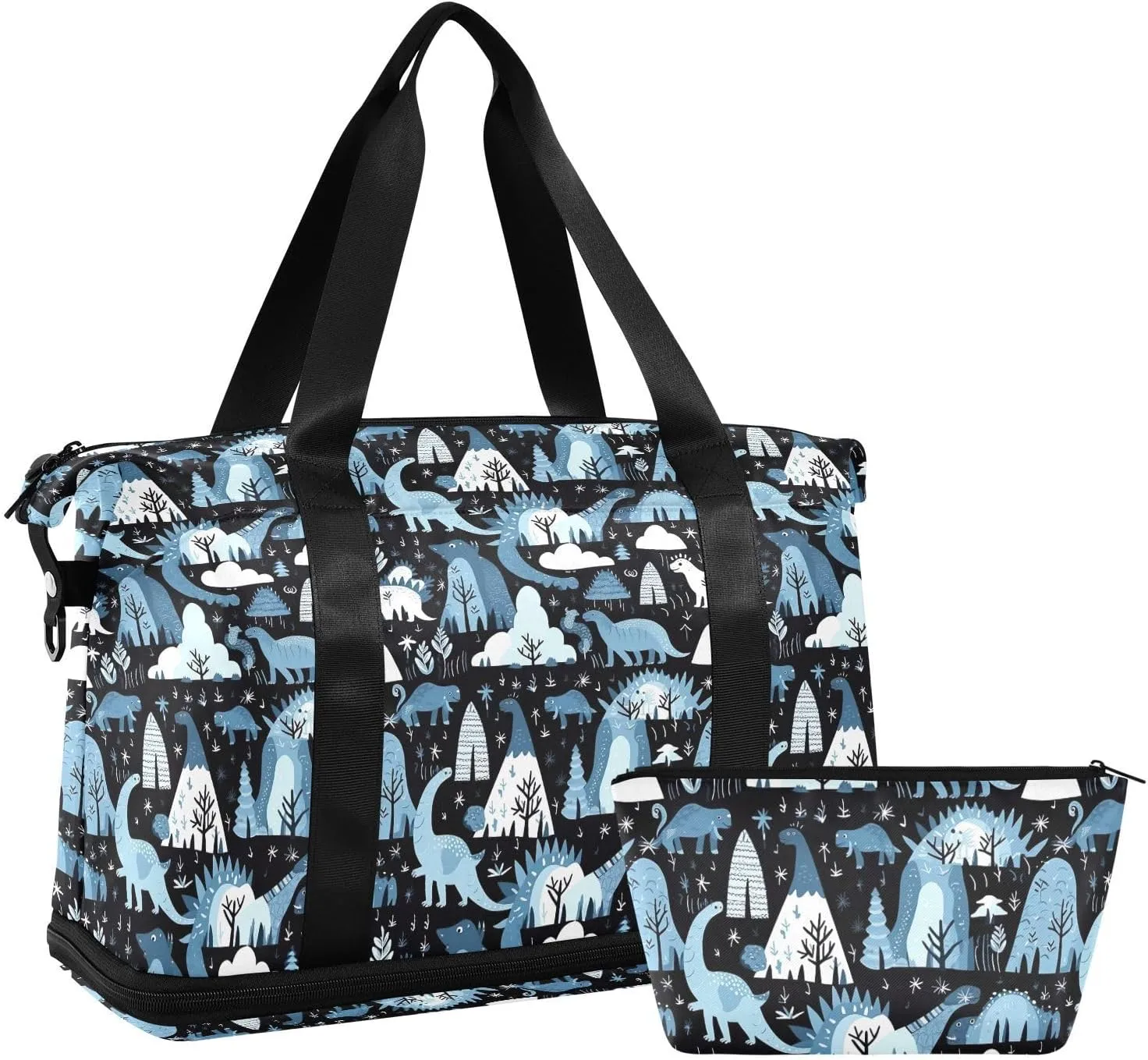 Blue Dinosaurs Sports Gym Bag with Waterproof Dry Wet Pocket, Travel Duffel Bag for Women MenWorkout Bag Fits Yoga, Swimming