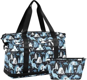 Blue Dinosaurs Sports Gym Bag with Waterproof Dry Wet Pocket, Travel Duffel Bag for Women MenWorkout Bag Fits Yoga, Swimming