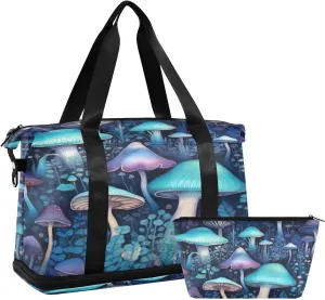 Blue Mushroom Sports Gym Bag with Waterproof Dry Wet Pocket, Travel Duffel Bag for Women MenWorkout Bag Fits Yoga, Swimming