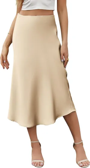 Bluetime Womens Satin Skirt Elastic High Waisted Silk Midi Skirts Dressy Casual A line Long Skirt