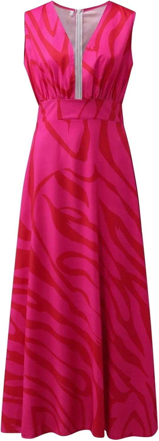 Boho Dresses for Women 2025 Deep V Neck Sleeveless Summer Long Dress Floral Print Flowy Dress Beach Maxi Sundresses