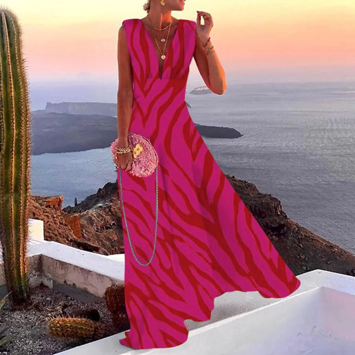 Boho Dresses for Women 2025 Deep V Neck Sleeveless Summer Long Dress Floral Print Flowy Dress Beach Maxi Sundresses