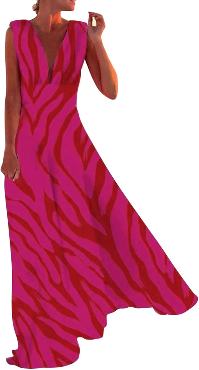 Boho Dresses for Women 2025 Deep V Neck Sleeveless Summer Long Dress Floral Print Flowy Dress Beach Maxi Sundresses