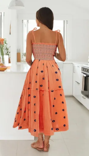 Boho Spaghetti Strap Long Dress Summer Embroidered Floral Smocked Dress Flowy Maxi Beach Sun Dresses for Women 2024