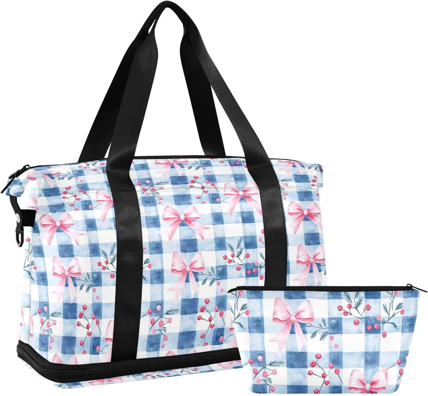 Bow Tie Grid Sports Gym Bag with Waterproof Dry Wet Pocket, Travel Duffel Bag for Women MenWorkout Bag Fits Yoga, Swimming