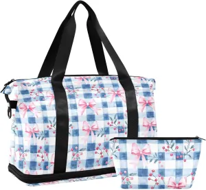 Bow Tie Grid Sports Gym Bag with Waterproof Dry Wet Pocket, Travel Duffel Bag for Women MenWorkout Bag Fits Yoga, Swimming