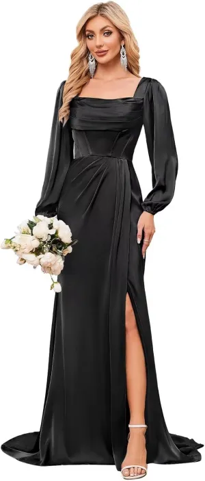Bridesmaid Dresses Long Sleeve Mermaid Chiffon Cowl Neck Formal Party Gown with Slit