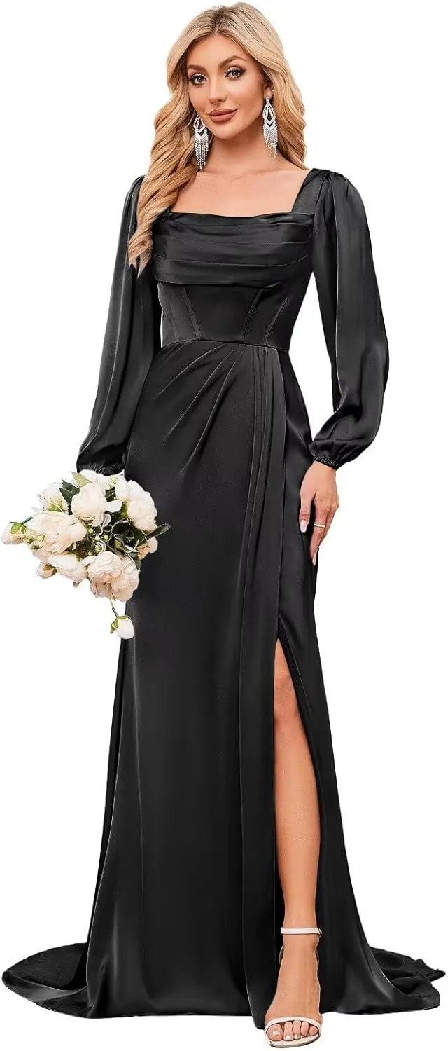 Bridesmaid Dresses Long Sleeve Mermaid Chiffon Cowl Neck Formal Party Gown with Slit