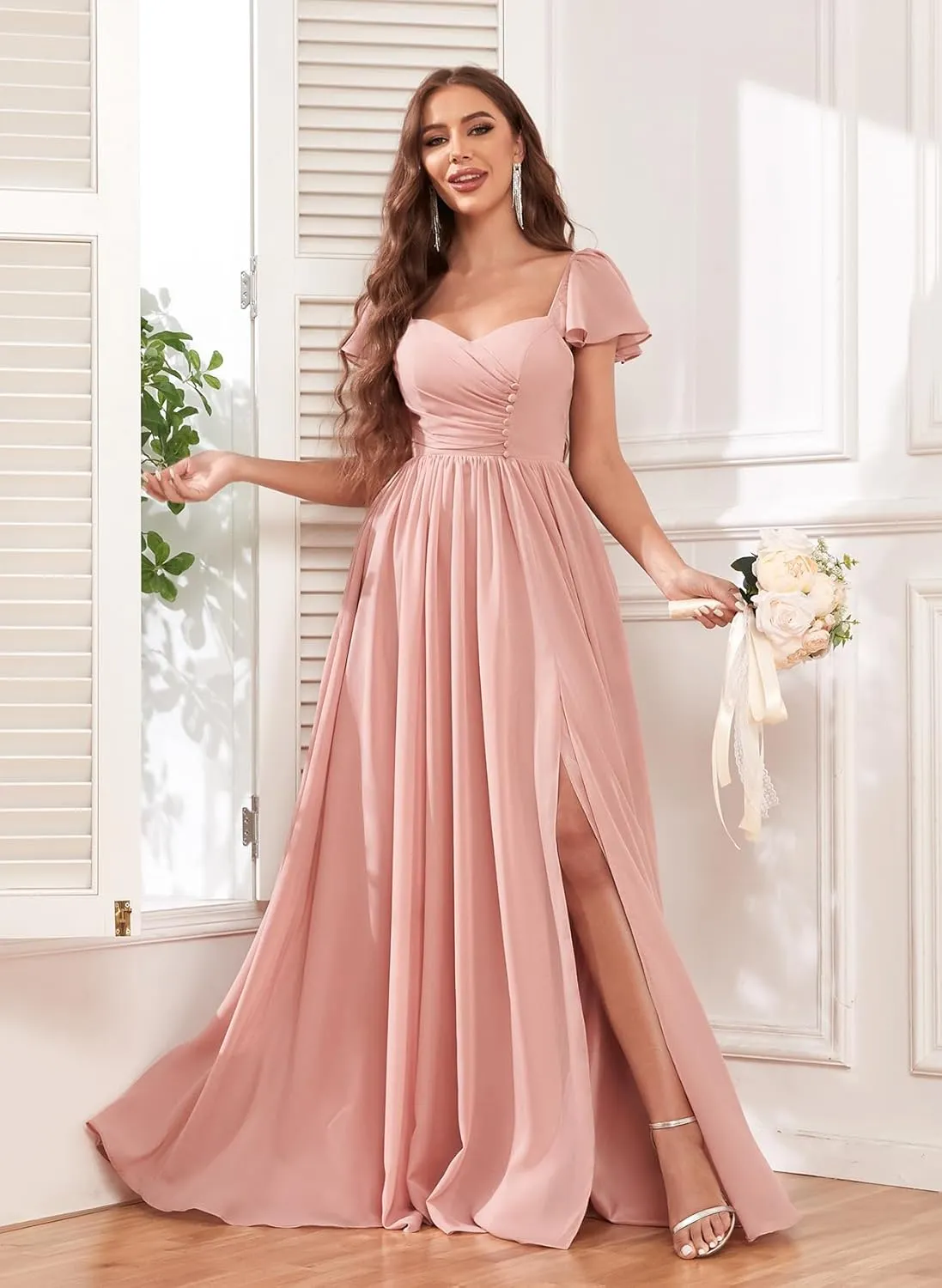 Bridesmaid Dresses Long with Sleeves for Wedding A-Line Chiffon Pleated Formal Party Gown with Pockets
