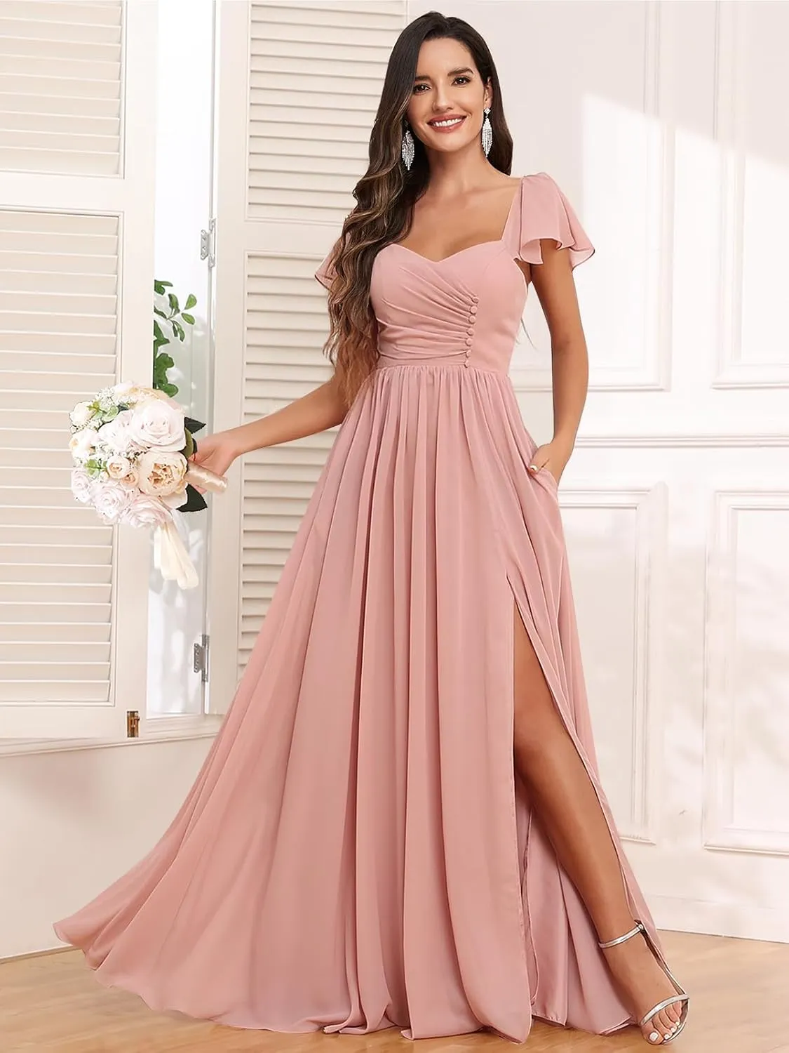 Bridesmaid Dresses Long with Sleeves for Wedding A-Line Chiffon Pleated Formal Party Gown with Pockets