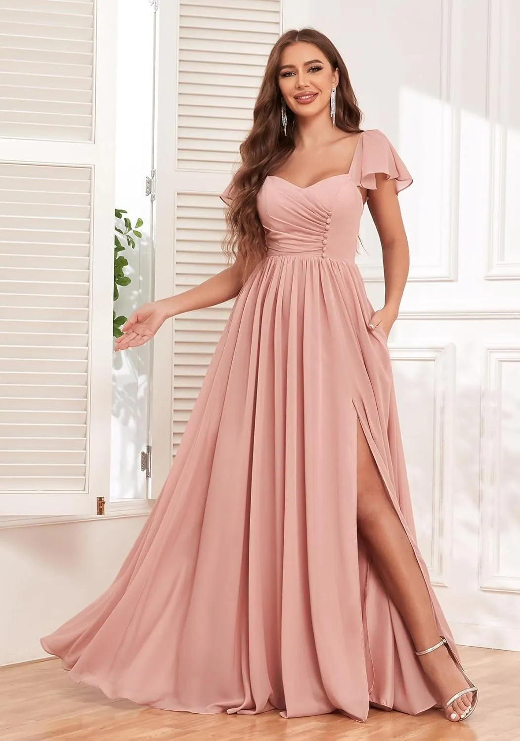 Bridesmaid Dresses Long with Sleeves for Wedding A-Line Chiffon Pleated Formal Party Gown with Pockets