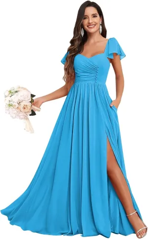 Bridesmaid Dresses Long with Sleeves for Wedding A-Line Chiffon Pleated Formal Party Gown with Pockets