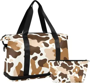Brown Cow Print Sports Gym Bag with Waterproof Dry Wet Pocket, Travel Duffel Bag for Women MenWorkout Bag Fits Yoga, Swimming