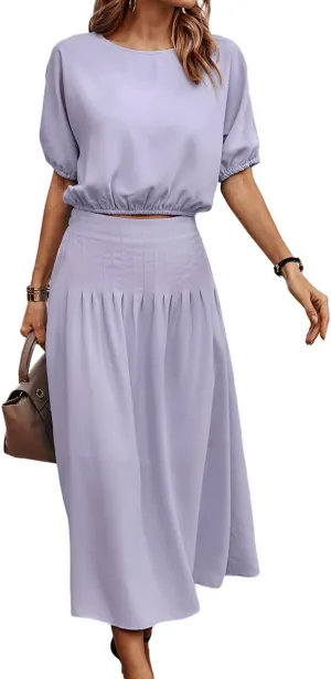 BZSFW Women's Two Piece Outfits Summer 2023 Solid Color Casual Loose Puff Sleeve Crop Top and Pleated Long Skirt Set