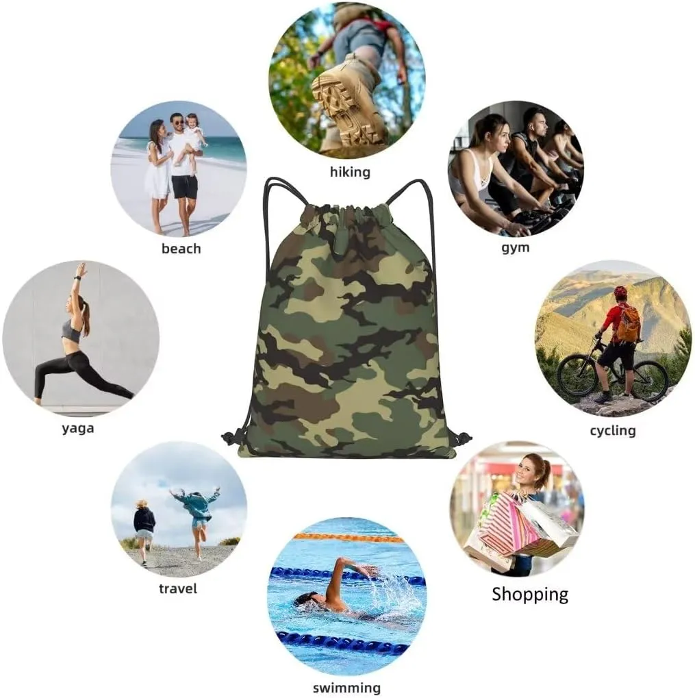 Camo Drawstring Bags Classic Green Brown Black Camouflage Pattern Forest Texture Abstract Military Print String Bags for Women Men Army Design Sport Gym Sack Casual Backpack for Yoga