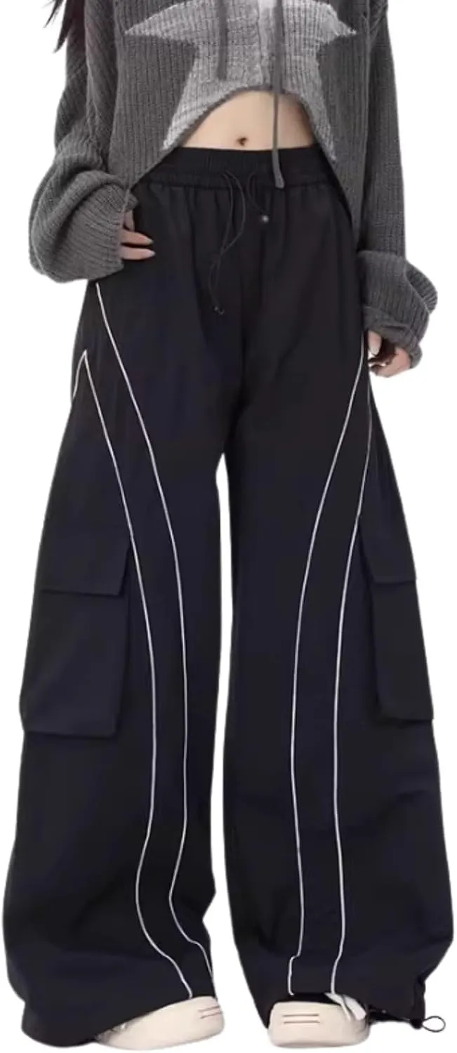 Cargo Sweatpants for Women Men Y2K Baggy Low Rise Wide Leg Pants Elastic Waist Track Pants with Pockets