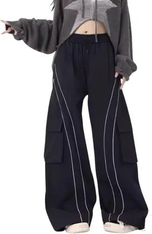 Cargo Sweatpants for Women Men Y2K Baggy Low Rise Wide Leg Pants Elastic Waist Track Pants with Pockets