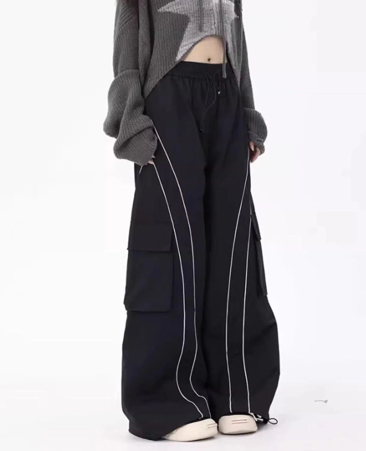 Cargo Sweatpants for Women Men Y2K Baggy Low Rise Wide Leg Pants Elastic Waist Track Pants with Pockets