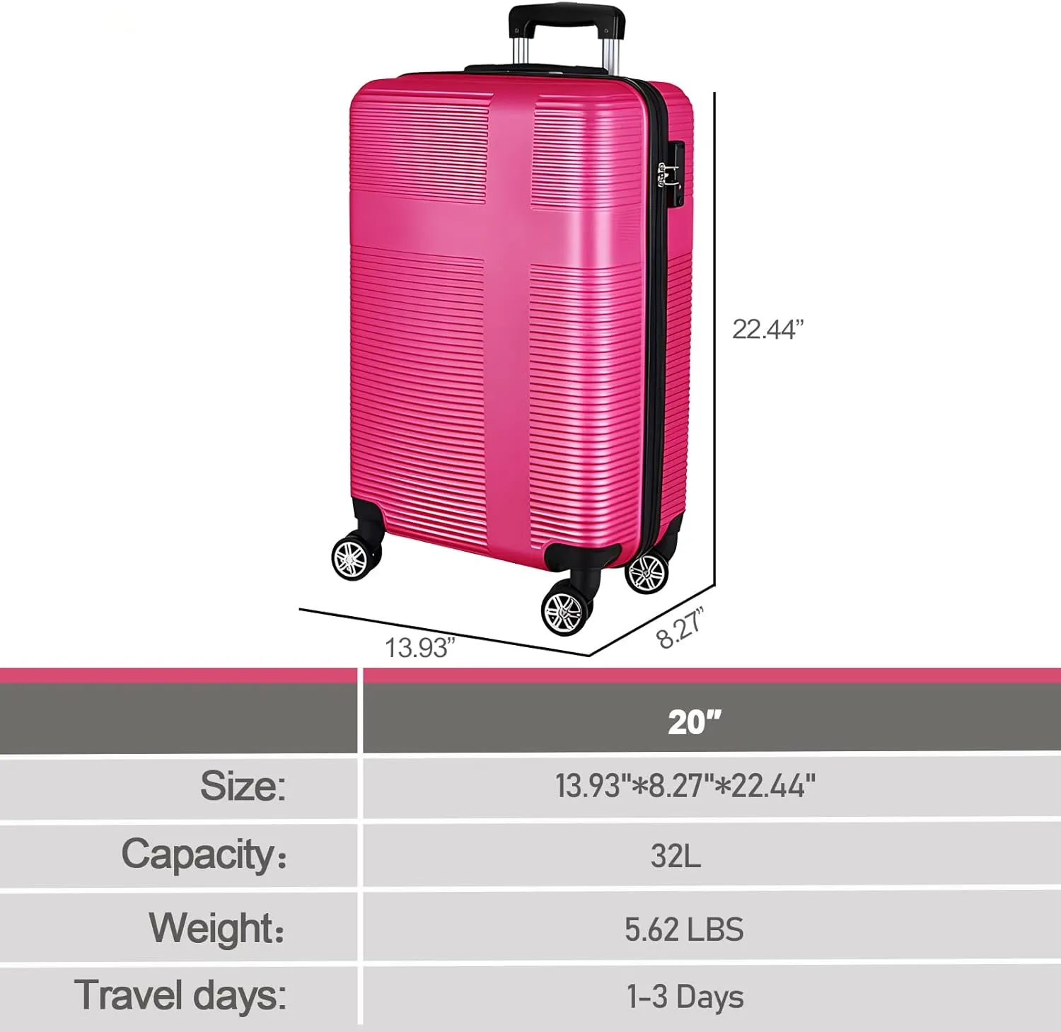 Carry on Luggage 22x14x9 Airline Approved,20 Inch Hardshell Carry on Suitcase with Wheels,Rose Red