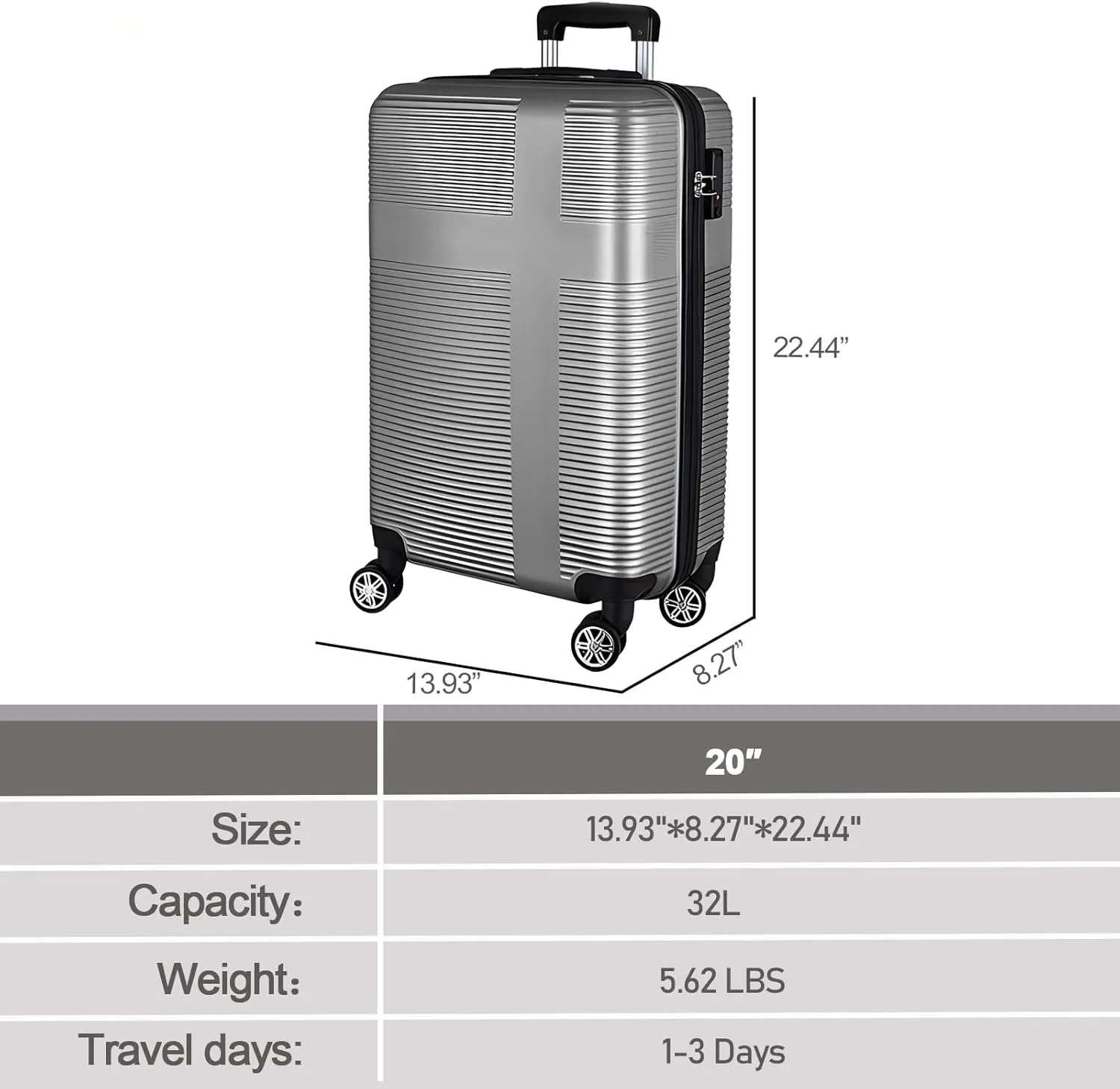 Carry on Luggage 22x14x9 Airline Approved,20 Inch Hardshell Carry on Suitcase with Wheels,Silver Grey
