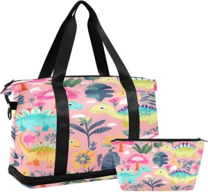 Cartoon Dinosaur Sports Gym Bag with Waterproof Dry Wet Pocket, Travel Duffel Bag for Women MenWorkout Bag Fits Yoga, Swimming