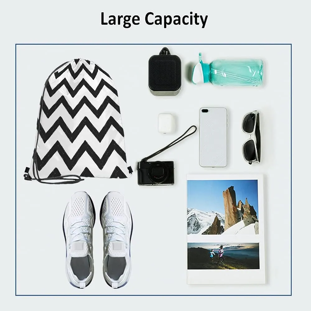 Chevron Drawstring Backpack Bag - Black And White Zig Zag Stripes Pattern Geometric Hand Drawn Sport Gym Sack Drawstring Bag for Men Women