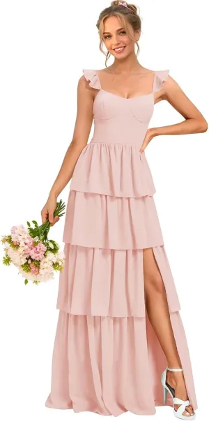 Chiffon Bridesmaid Dresses for Women 2025 Spaghetti Strap V Neck Long Formal Evening Party Dress with Slit