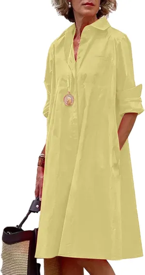 chouyatou Women's Spring Summer Button-Down Shirt Dress Loose A-Line Midi Shift Tunic Dress