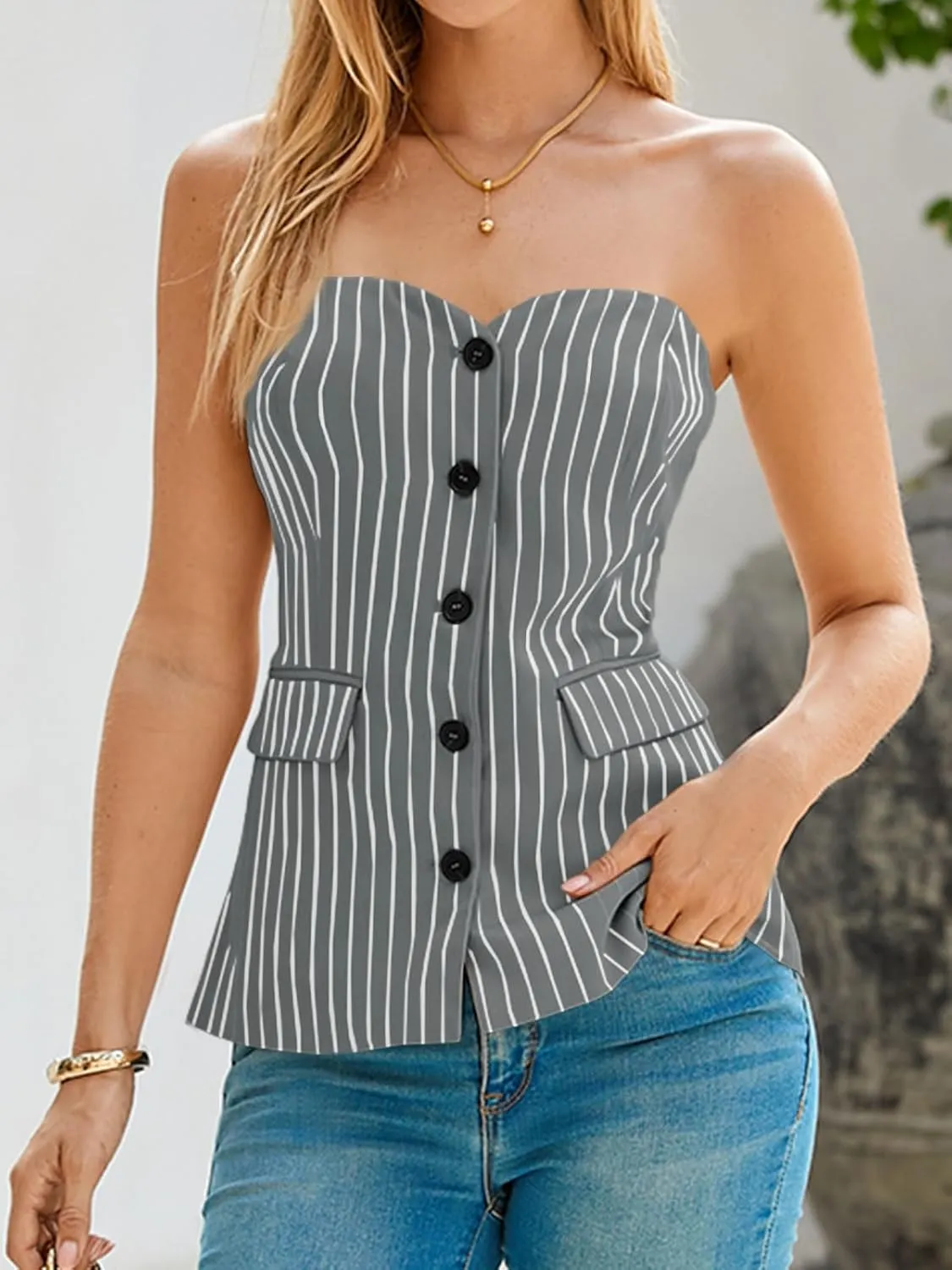 Cicy Bell Womens Strapless Blazer Vest Sleeveless Tube Tops Striped Button Up Waistcoat Vest Business Fitted Suit Vest