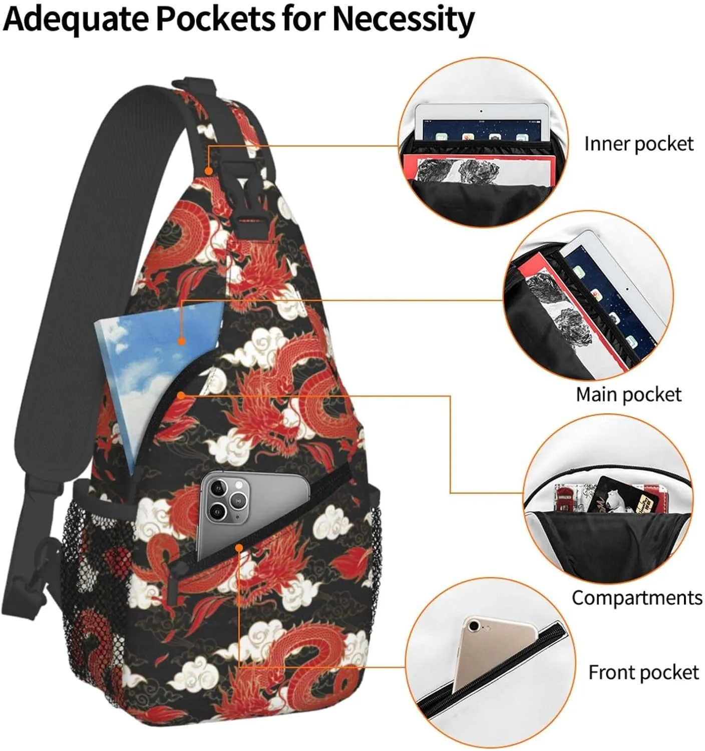 Cool Dragon Sling Bag Cute Crossbody Backpack Shoulder Chest Bags for Men Women Runners Cycling Travel Walking