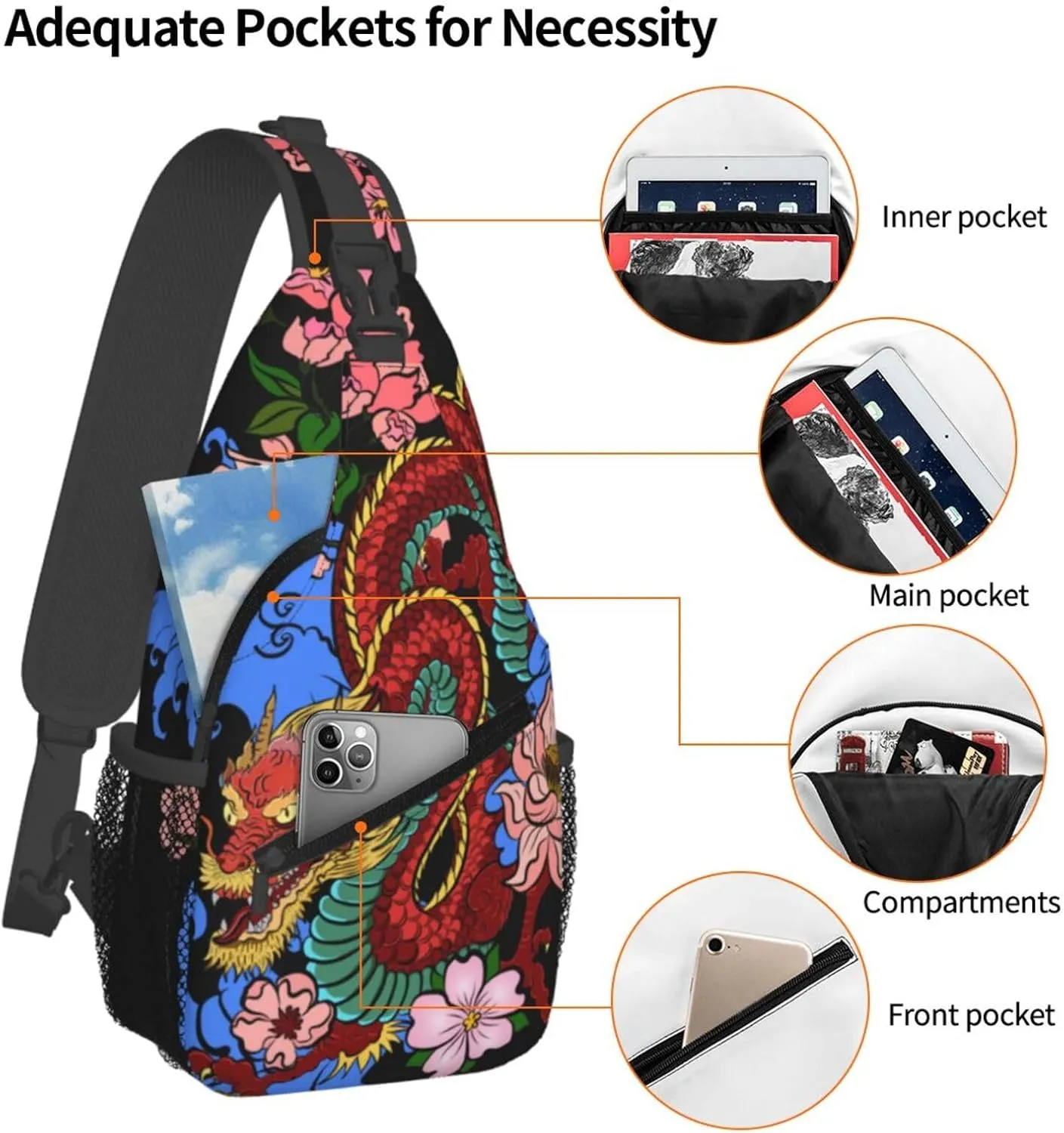Cool Dragon Sling Bag Cute Crossbody Backpack Shoulder Chest Bags for Men Women Runners Cycling Travel Walking