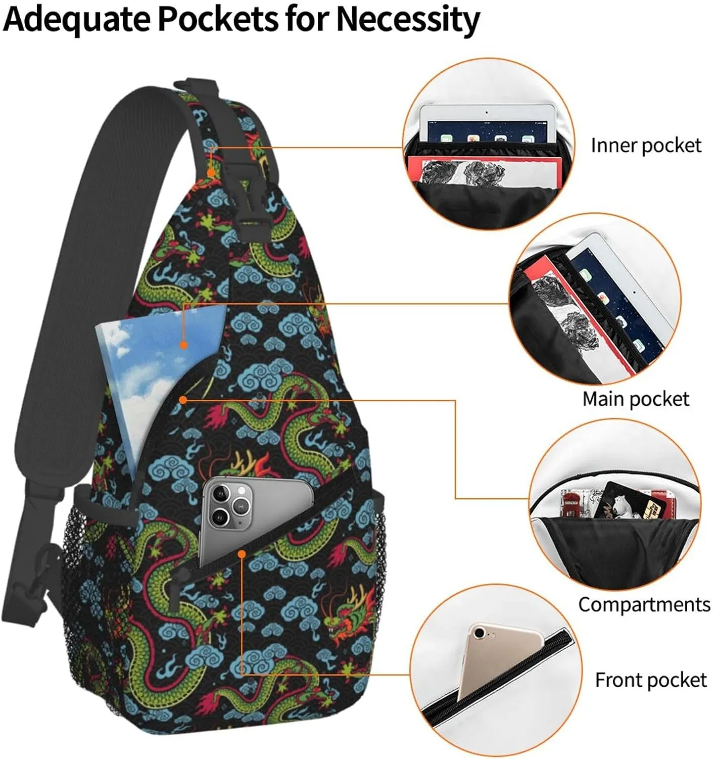 Cool Dragon Sling Bag Cute Crossbody Backpack Shoulder Chest Bags for Men Women Runners Cycling Travel Walking