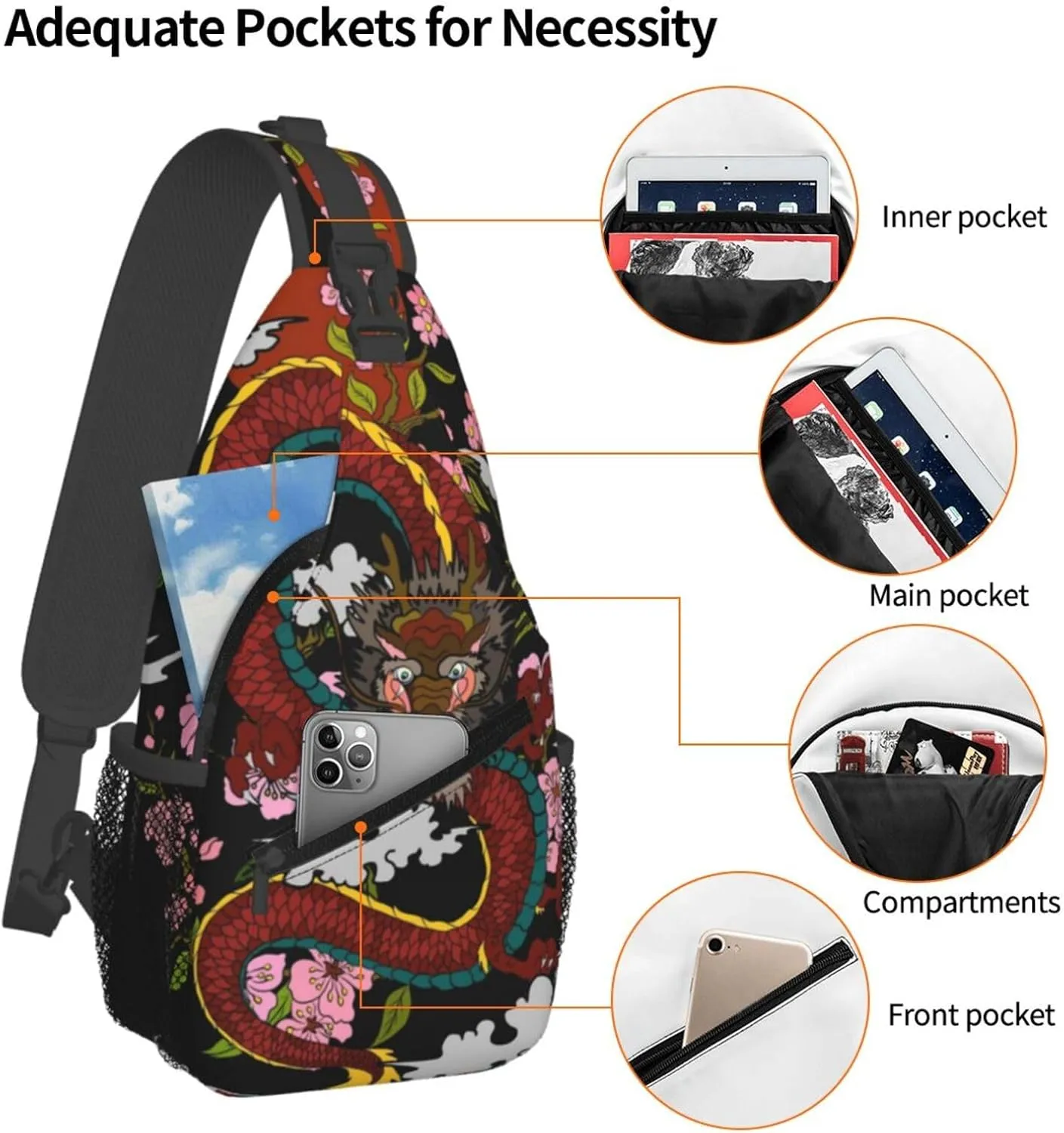 Cool Dragon Sling Bag Cute Crossbody Backpack Shoulder Chest Bags for Men Women Runners Cycling Travel Walking