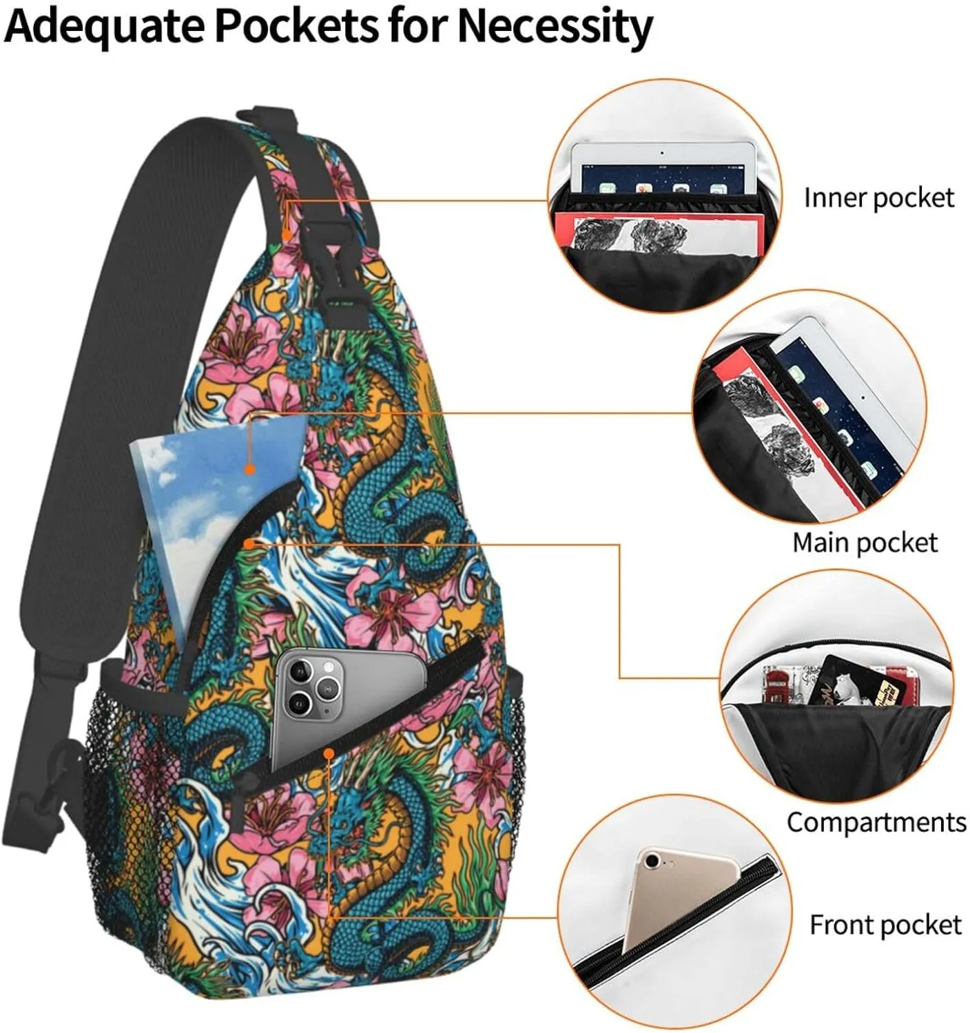 Cool Dragon Sling Bag Cute Crossbody Backpack Shoulder Chest Bags for Men Women Runners Cycling Travel Walking