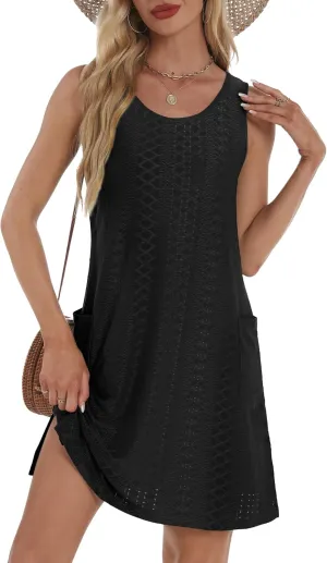 Coverup Summer Dresses for Women 2025 Eyelet Casual Loose Sleeveless Sundresses Tank Dresses with Pockets